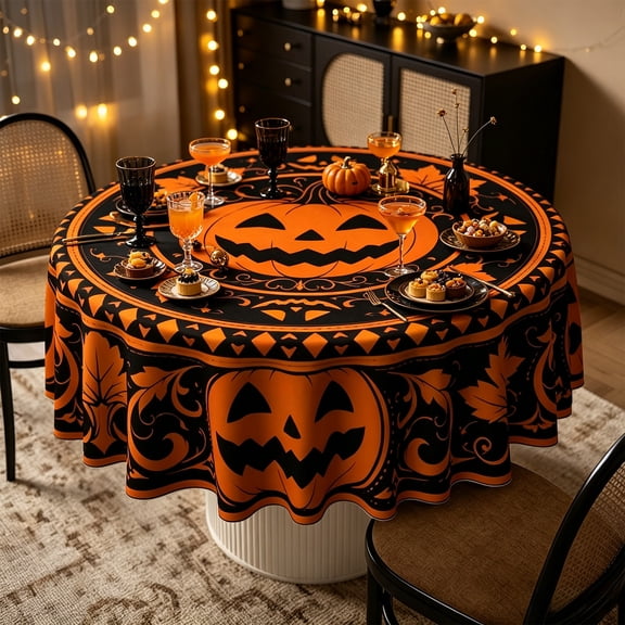Waterproof Halloween Tablecloth for Fall Table Decor, Durable Rustic Round Tablecloth with Maple Leaf & Pumpkin Print, Holiday Table Decor for Hoom Indoor Kitchen
