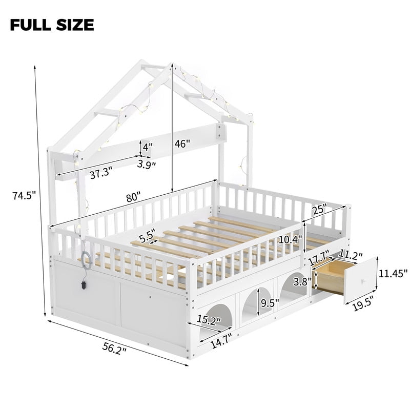 Full Size Kids Montessori Floor Bed Frame with Guardrail & Drawer, Children House Platform Bed with LED Light & Small Cat Bed