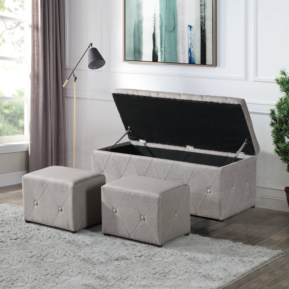 GZXS Beige Storage Ottoman Bench Set of 3 for Bedroom, Velvet Upholstered Toy Chest with Benches