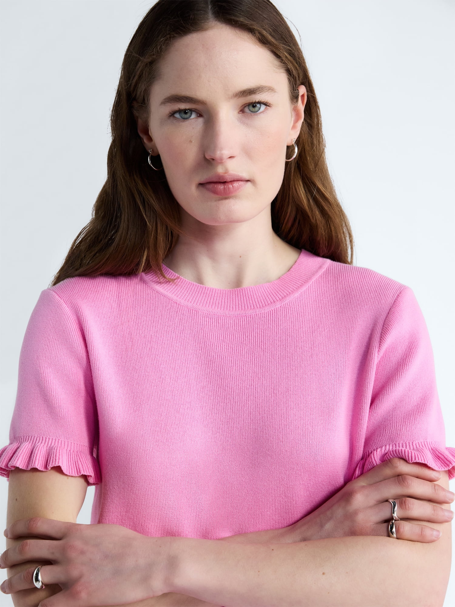 Free Assembly Women’s Ruffle Trim Sweater with Short Sleeves, Lightweight, Sizes XS-XXL