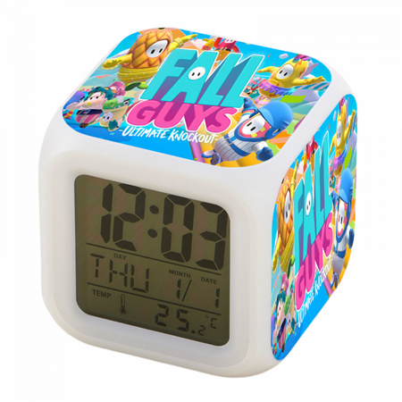 AVEKI Digital Alarm Clock , LED Digital Bedroom Alarm Clock Easy Setting Cube Wake up Clocks with 4 Sided Fall Guys Pattern Soft Night Light Large Display Ascending Sound（Pattern 9）