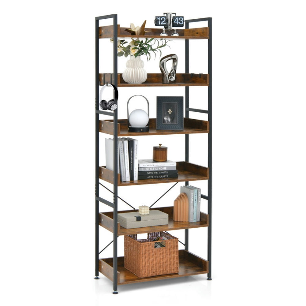 Demi Bonn 6-Tier Tall Industrial Bookshelf, Bookcase with Open Shelves and 4 Hooks, Brown
