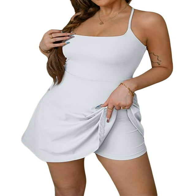 Ensemble 2 Pcs pour Femmes Robe de Tennis Mini Sans Manches avec Shorts