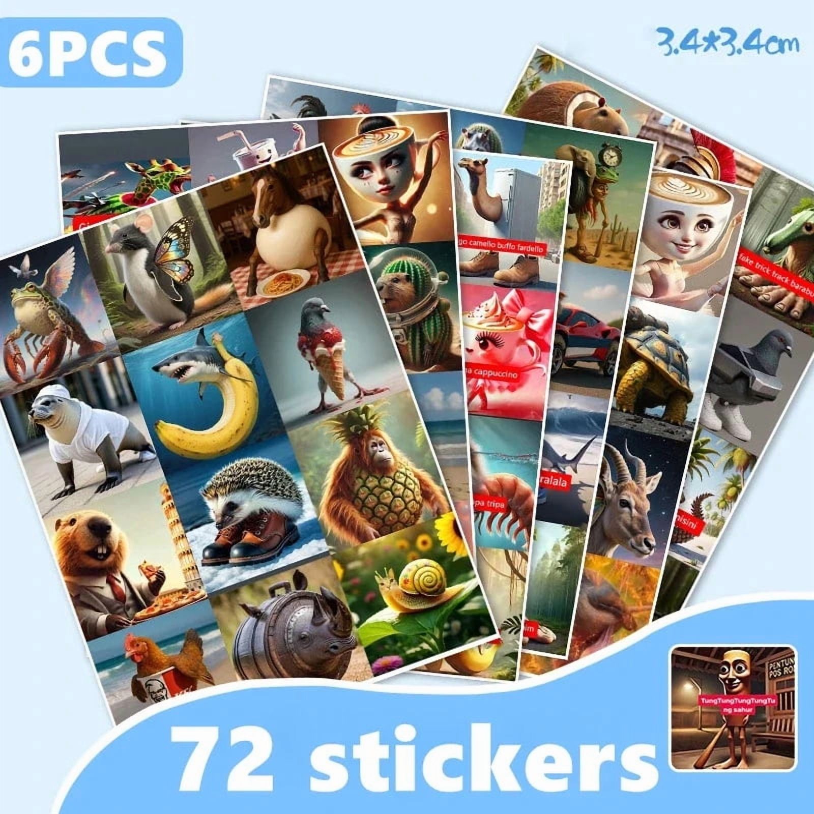 Stickers Italian Brainrot – 100 Piezas, Diseños Animales, PVC Resistente, 3-8 Cm