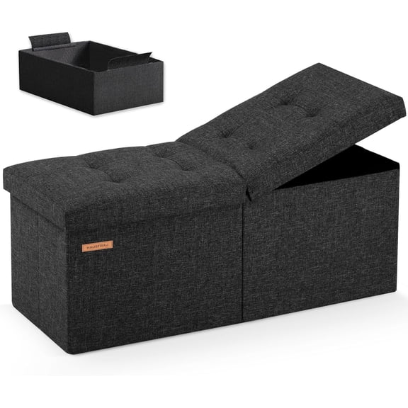 31.5 Inches Ottoman with Storage, Folding Bench Small Foot Rest Stool, Bedroom Flipping Lid, Linen Black