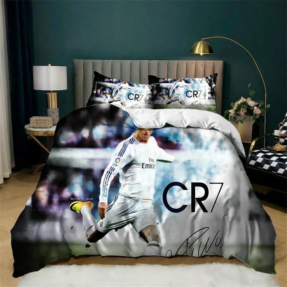 Soccer Star Cristiano Ronaldo Duvet Cover Sets 3 Pieces CR7 Bedding Sets Comfy Soft Comforter Cover with Zipper Closure