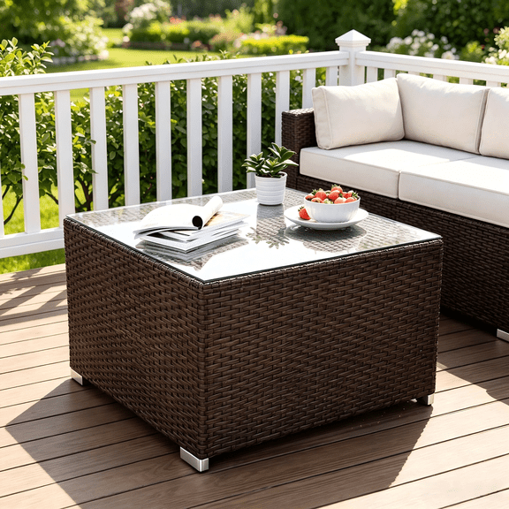 VENTOPYR Outdoor Coffee Table,Brown PE Wicker & Tempered Glass Top for Patio/Deck