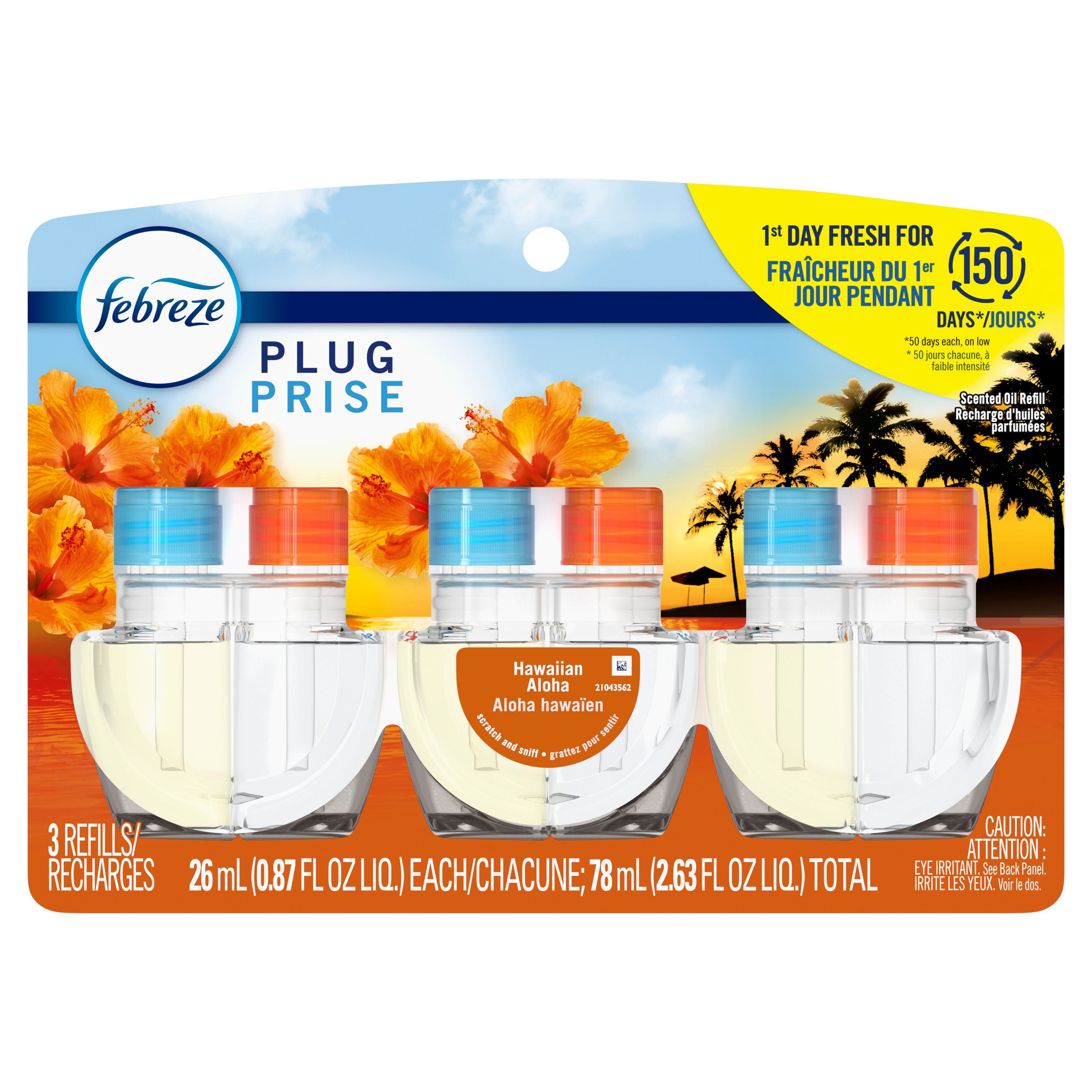 Febreze Plug In Air Freshener, Odor-Fighting Scented Oil Refill, Hawaiian Aloha Scent, 3 Refills, 77.7ML
