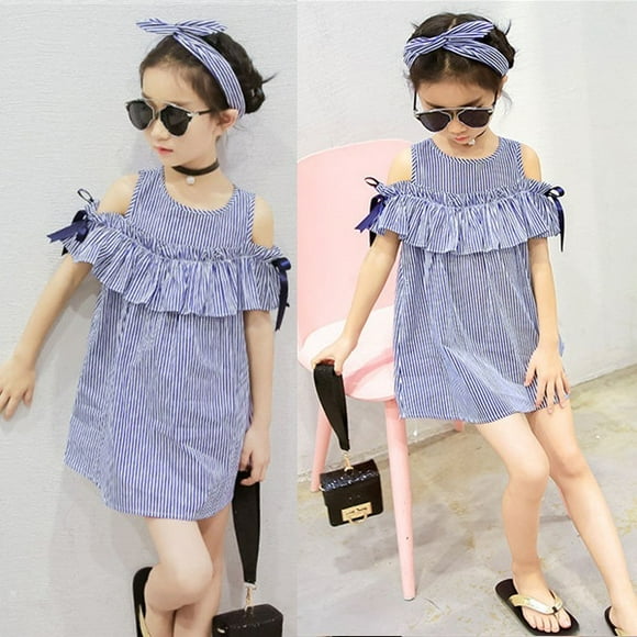 Kids Baby Girls Clothes Striped Top Dress Off-shoulder Party Gown Dress Sundress