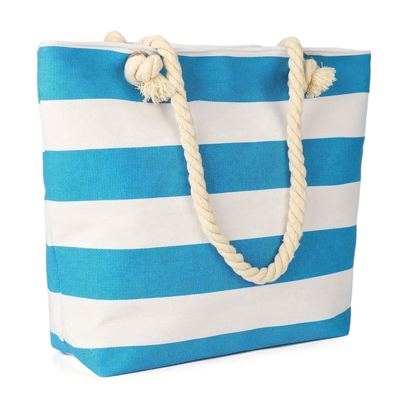 Large Capacity Striped Canvas Tote Bag, Waterproof and Sandproof with Rope Handles Beach Bag