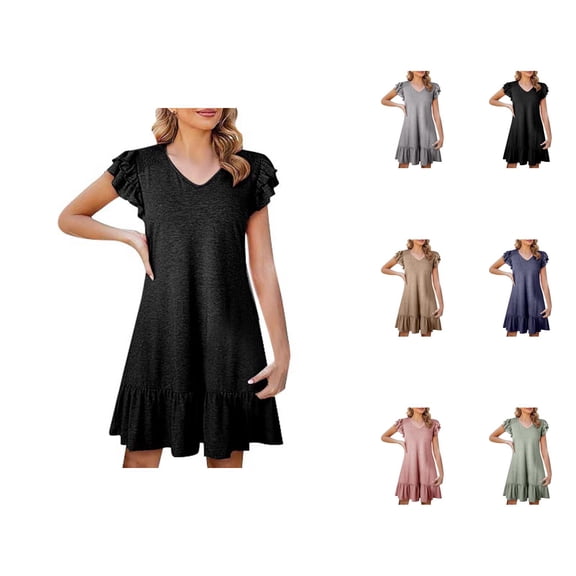 Tshirt Dress Women Summer Short Ruffle Sleeve V Neck Loose Fit Ruffle Hem Mini Dresses T Shirt Dresses for Women