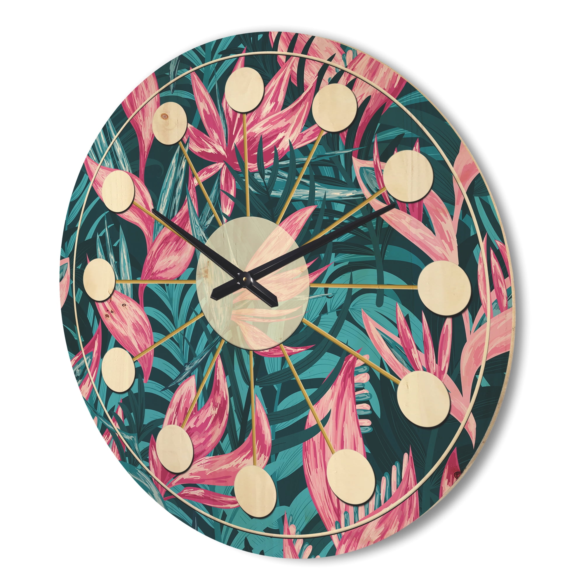 Designart 'Tropical Flowers I' Mid-Century Modern Wood Wall Clock