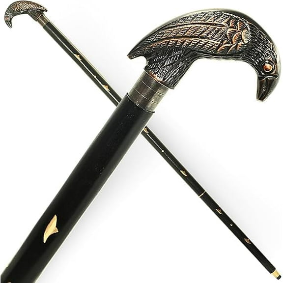 “Antique Solid Brass Raven Head Handle Walking Stick – Vintage Wooden Cane for Men & Women, 35 Inches”