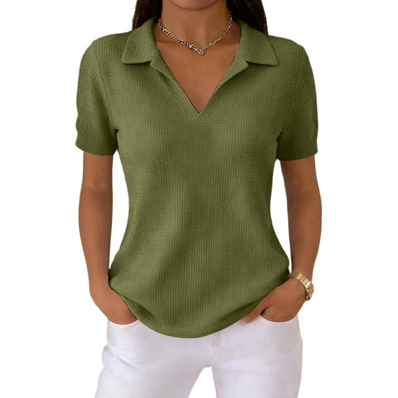 Women’s Fashion Solid Waffle Knit Short Sleeve Top with Vintage Lapel Collar for Spring and Summer Daily Wear Army Green L