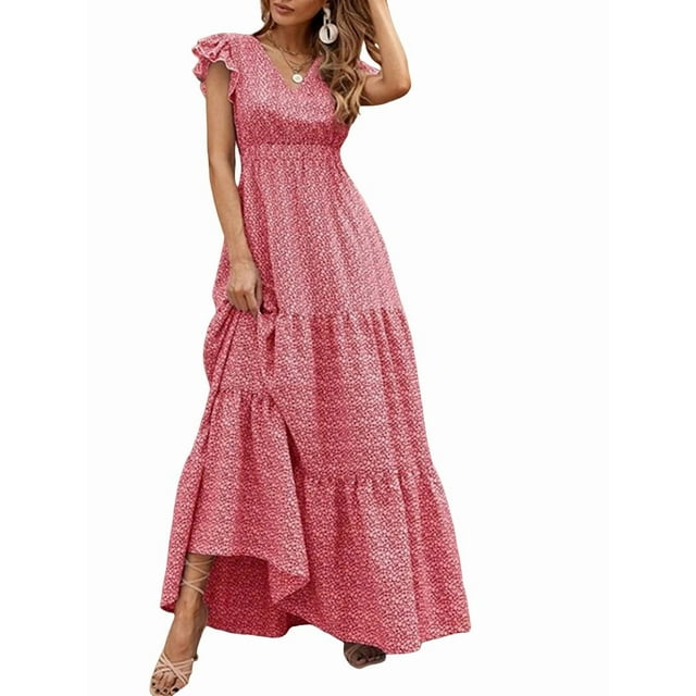 Women'S Summer Dress V-Neck Cap Sleeve High Waist Floral Tiered Ruffle A Line Long Maxi Dresses Red L
