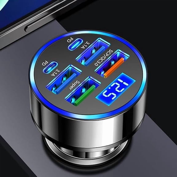 6-in-1 Multi-Port Car Charger with Voltage Detection, 2PD 3USB QC3.0 Fast Charge Cigarette Lighter Plug Adapter Compatible with iPhone,Android,Samsung,iPad Pro and More