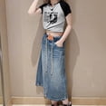 thumbnail image 4 of LYMAYTER ‌‌Teens Girls Long Maxi Denim Skirt Trendy A Line Pull Elastic Waist Drawstring Stretchy Pockets, 4 of 8