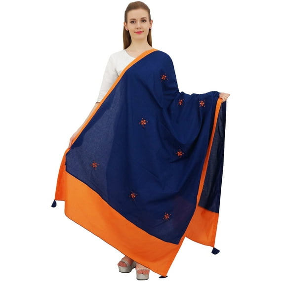 Phagun Indian Cotton Dupatta Embridered Chunni Long Stole Throw Scarf-Navy Blue