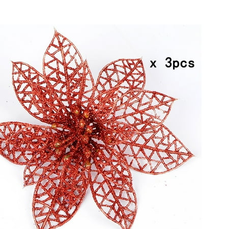 Christmas Tree Decorations Set 10cm Glitter Hollow Artificial Christmas Flowers Wedding Party Xmas Tree Decorations, Red, Set of 3 ()