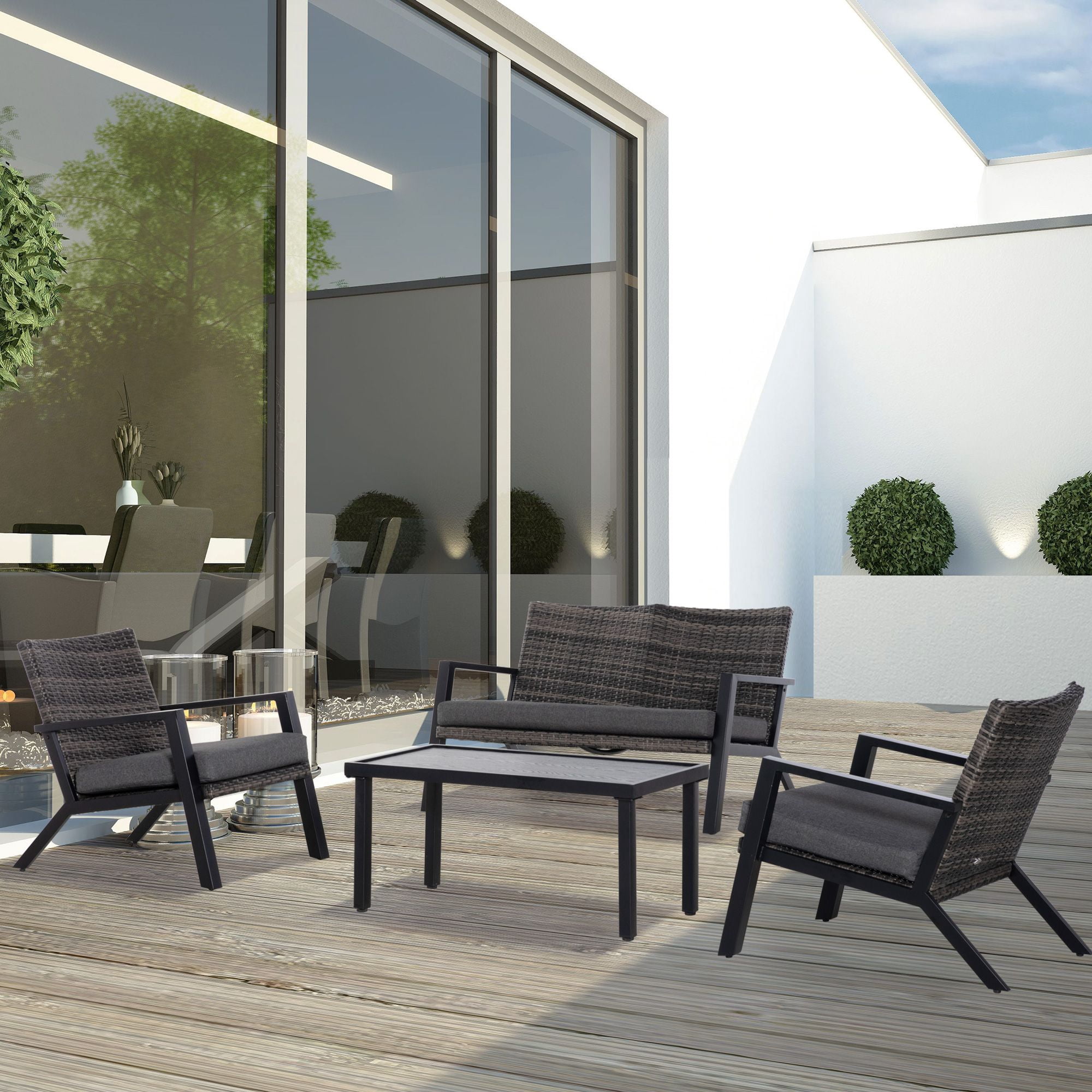 4-Piece Patio Sofa Set Outdoor Wicker Patio Conversation Sets with Removable Cushion and Coffee Table for Balcony, Backyard Black and Grey