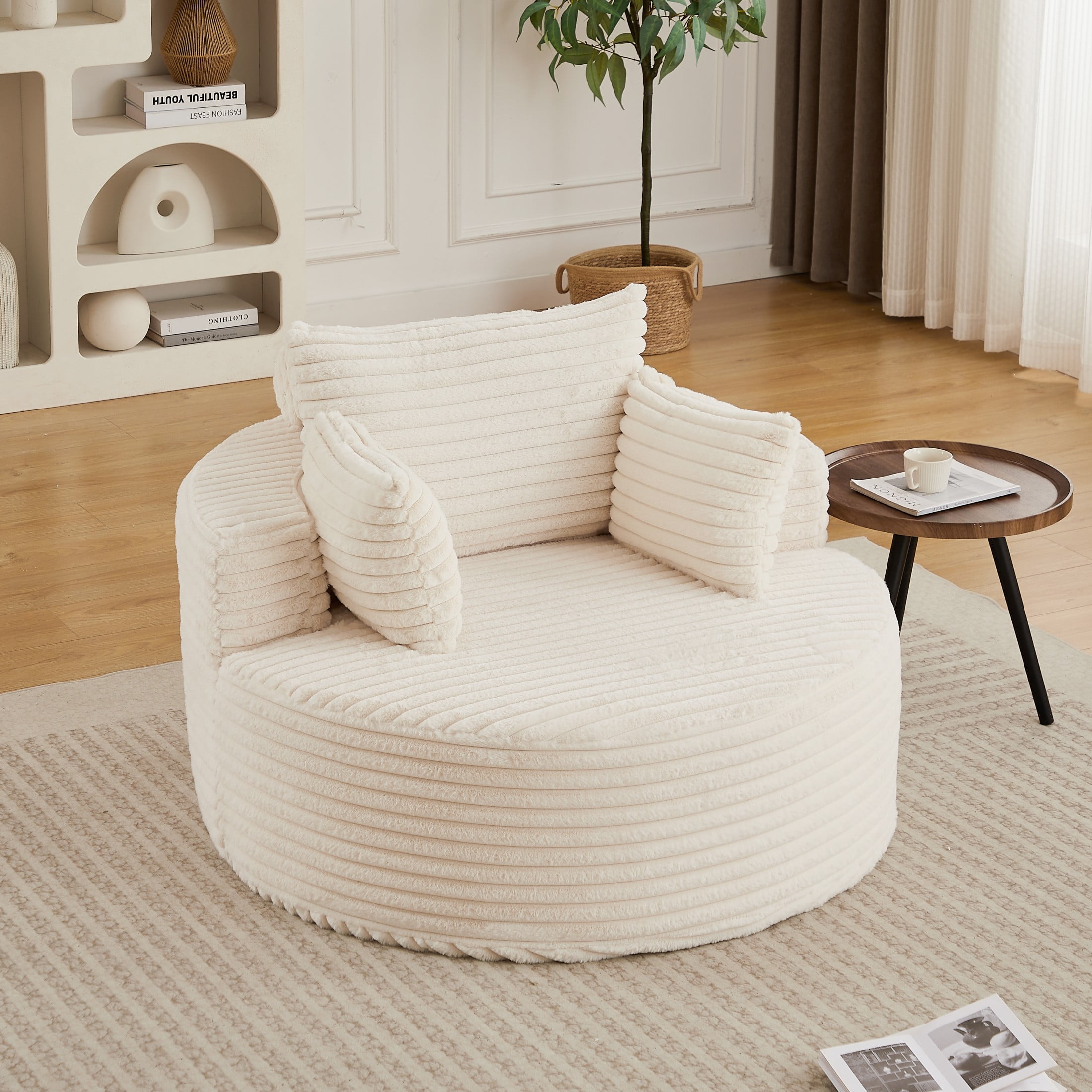 Aukfa 50" Oversized Corduroy Round Sofa Chair, Modern Deep Seat Chaise Lounge Chair Indoor with Pillows, No Assembly Required, Beige