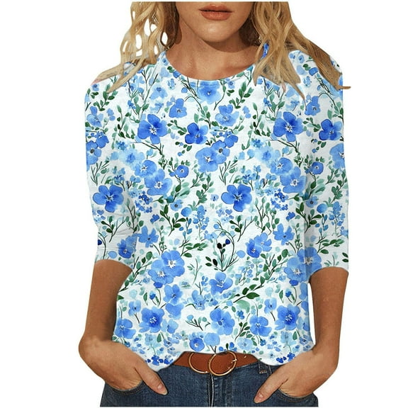 Inleife Three Quarter Sleeve Shirts for Women Casual Printed Round Neck 3/4 Sleeve T-shirt Loose Top