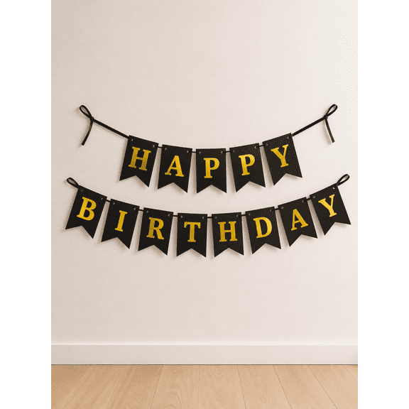 Happy Birthday Banner Black & Gold | Elegant Birthday Party Decoration | Reusable Hanging Bunting Garland | Birthday Celebration Decor for Adults & Kids