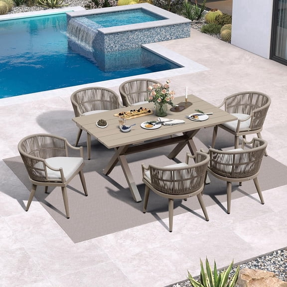 PURPLE LEAF OUTDOOR 7 Pieces Outdoor Dining Set All Weather Wicker Patio Dining Set with Rectangular Aluminum Table and Modern Armrest Dining Chairs for Garden Deck Backyard Kitchen, Champagne