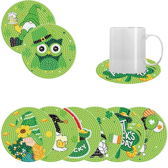 8pcs DIY Diamond Painting Coaster Kit with Green Gnome Design, Includes Stand The Perfect Choice for Home Decor and Gifting