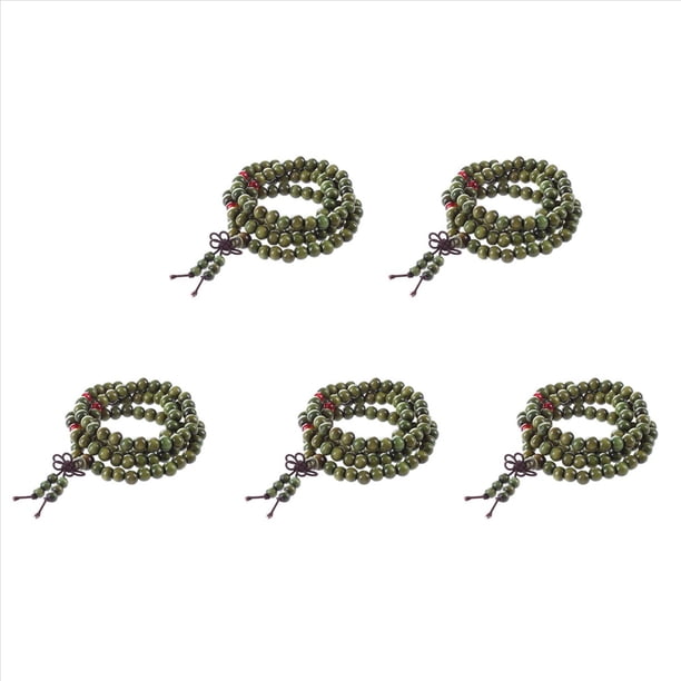 5X Collar Estirable Budista Sandalo Rosario Color Verde Oliva 29 Pulgada
