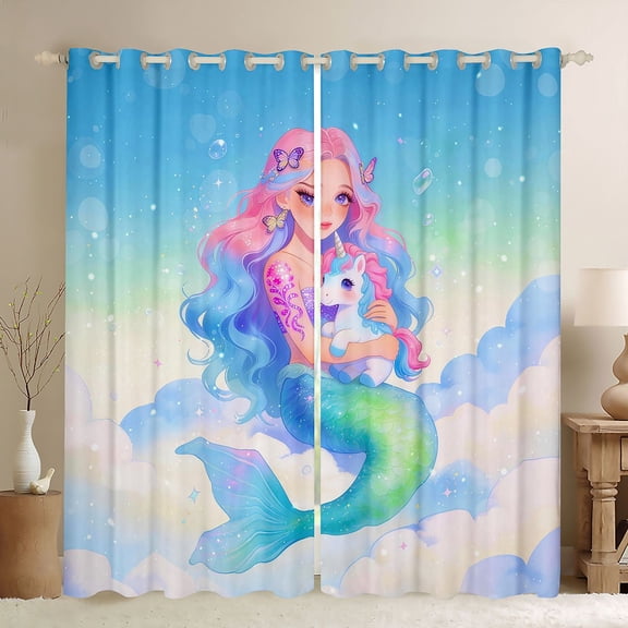 Feelyou Dreamy Unicorn Mermaid Black Out Curtains for Girls, Watercolor Galaxy Curtains Pack of 2 (42x63 Each), Blue Pink