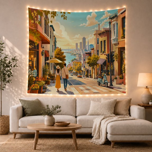 Couple on a Coastal City Street Leading to a Blue Bay, Romantic Illustration for Travel Lovers, Urban Wall Art, Anniversary Gift, Tapestry Wall Hanging for Bedroom and Studio