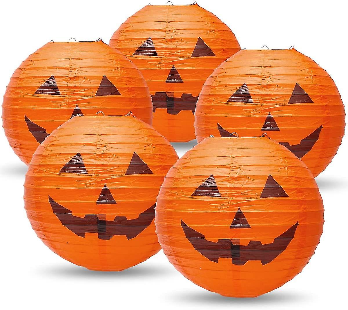 Lot De 5 Lampions LED Halloween - Lanternes En Papier Pliables Avec Motifs Sorcière, Citrouille, Squelette - Piles Incluses, Pour Décoration Intérieure/extérieure