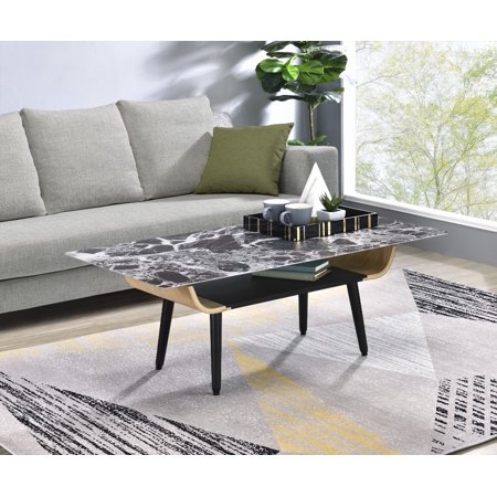 Landon 47" Coffee Table with Glass Marble Texture & Bent Wood Design