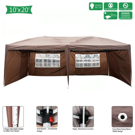 Easy Set up Canopy Tent Clearance, 10' x 20' Waterproof UV Coated Shade Shelter Wedding Tent w/4 Removable Sidewalls, Folding Outdoor Gazebo w/Carry Bag for Garden Beach Pool BBQ, Dark Coffee,