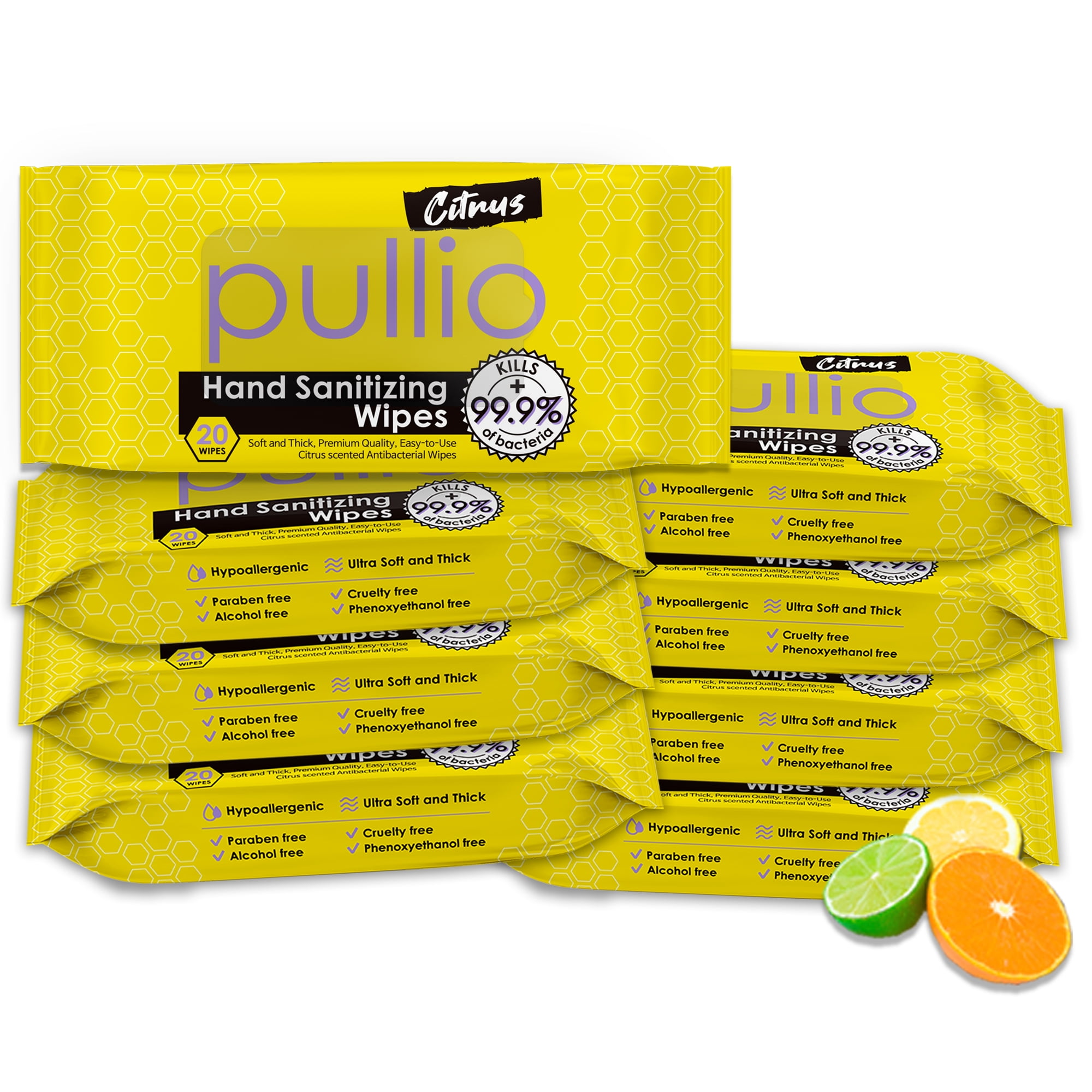 pullio - Citrus Hand Wet Wipes with Premium Fabric (8 pks, 160 Hand Wipes) | Hypoallergenic Alcohol-Free Formula