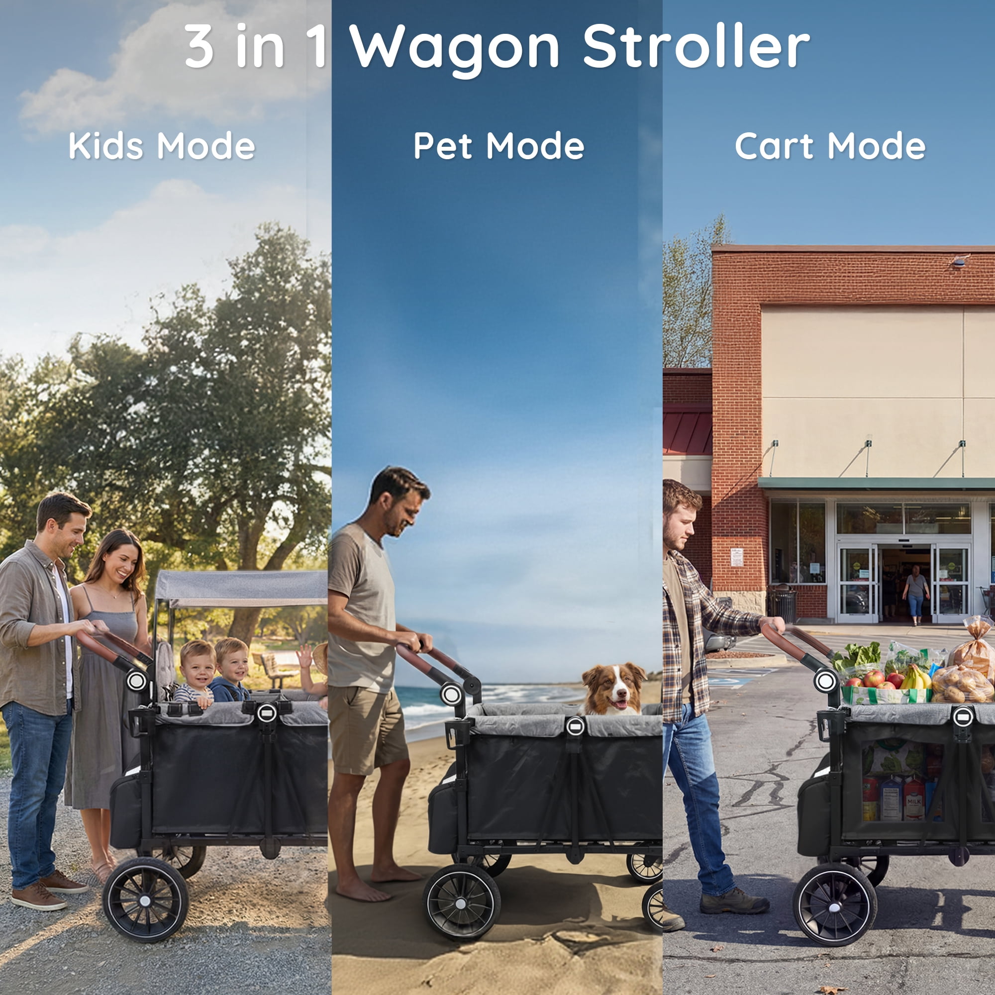 LINLUX Wagon Stroller for 4 Kids, Stroller Wagon 4 Seats w/Adjustable Handle, Detachable Tray, Black & Gray