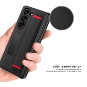 ELEHOLD Full Body Case for Samsung Galaxy Z Fold 5,with Built-in Screen Protector Hinge Protection Hidden Kickstand Non-Slip Wristband Shockproof Leather Case for Samsung Z Fold 5, Black Red