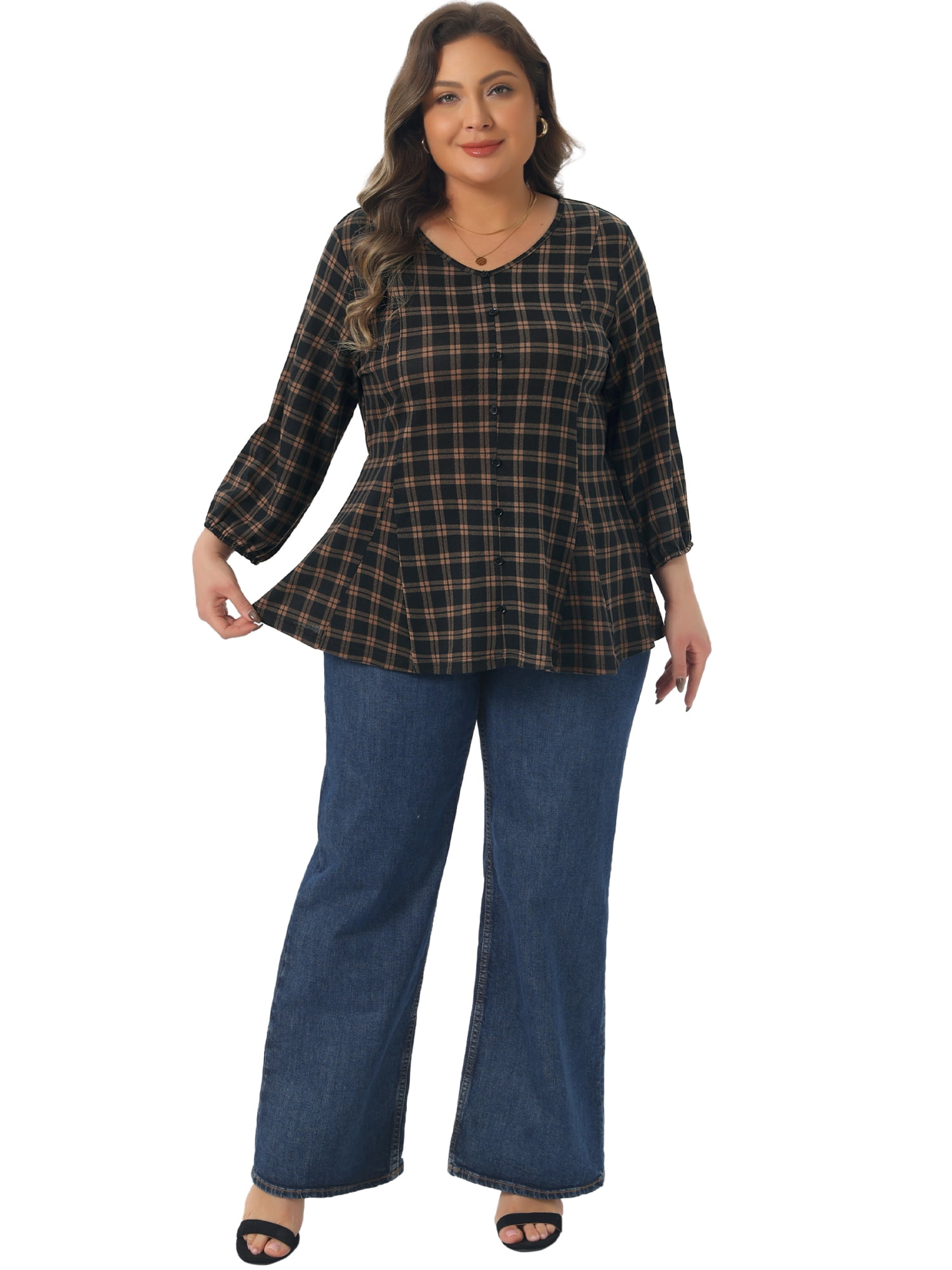 DARING DIVA Women's Plus 3/4 Sleeve V Neck Tunic with Decorative Buttons 1X Dark Brown