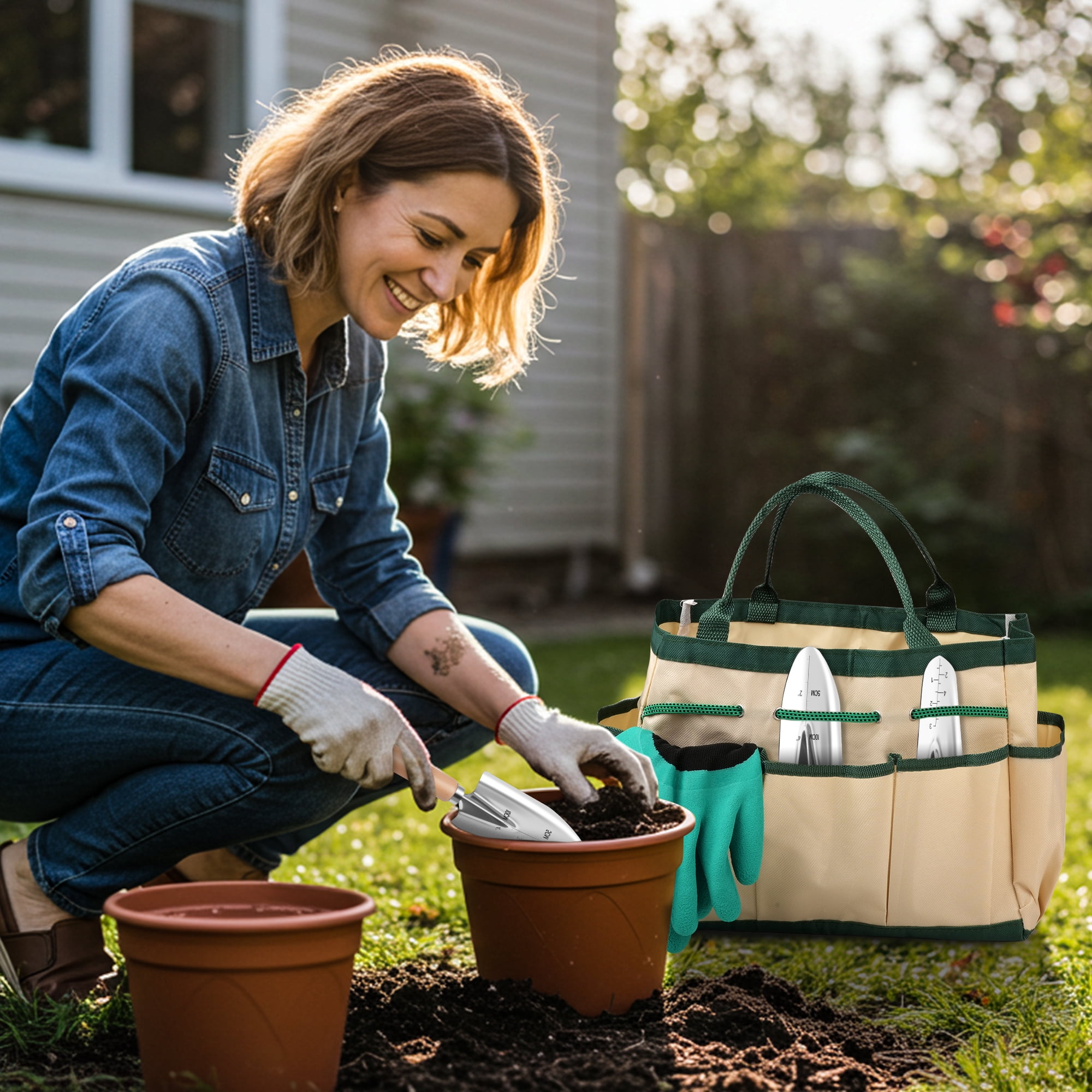 Gardening Tools 9 Piece Heavy Duty Gardening Hand Tools with Fashion and Durable Garden Tools Organizer Handbag,Rust-Proof Garden Tool Set, Ideal Gardening Gifts for Women