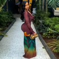 thumbnail image 4 of Women's Floral Color Spliced Ruffled Deep V-Neck Long Flare Sleeve Hips Wrapped Long Dress, 4 of 18
