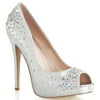 Womens Sparkly Silver Peep Toe Pumps Shoes with 5 Heels and Rhinestone Detail
