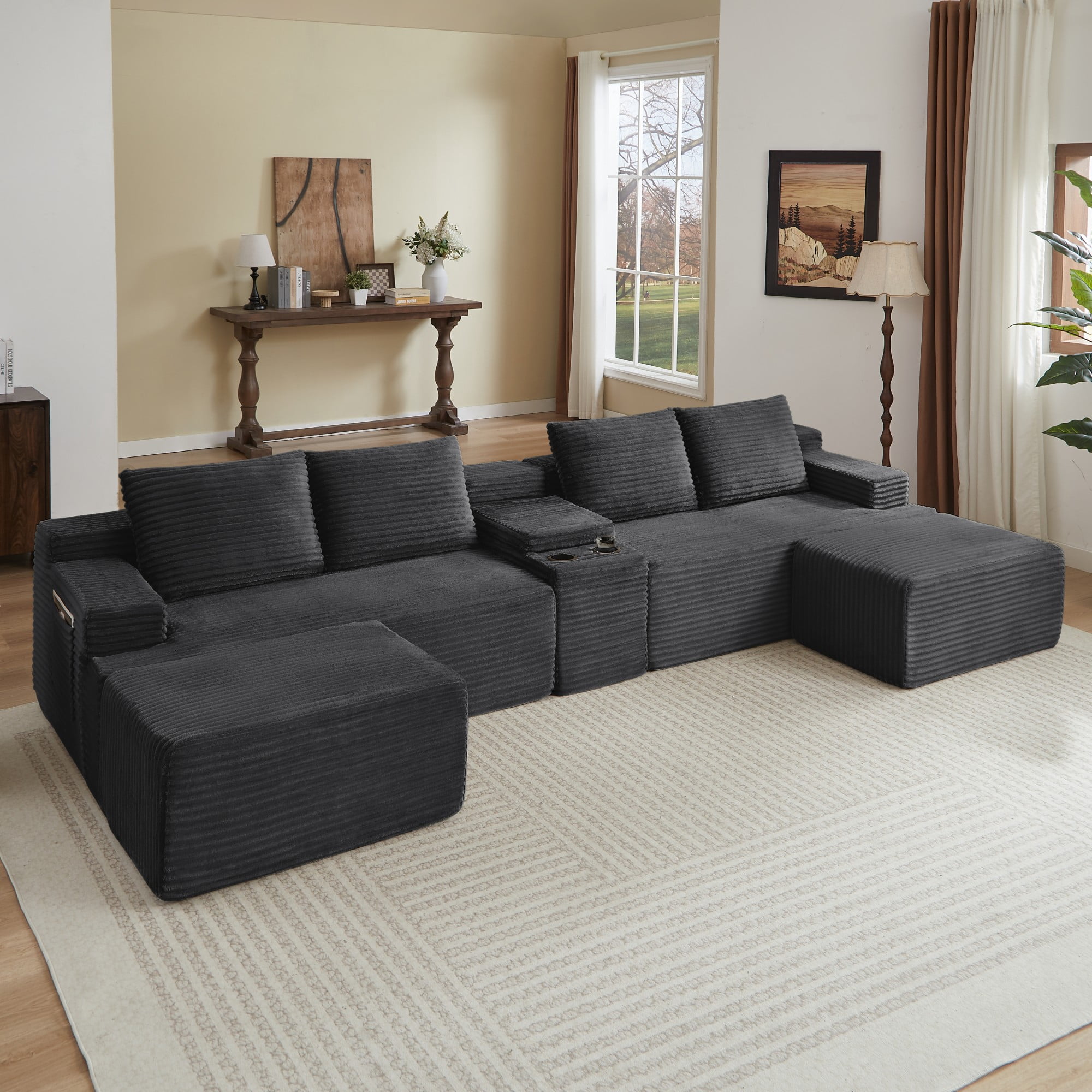 Gewnee 140.6" U‑Shaped Cloud Modular Sectional Sofa, Fluffy Corduroy Deep Seat Couch with Double Chaise Lounge, Storage Central Console & Cup Holders, Gray, for Living Room