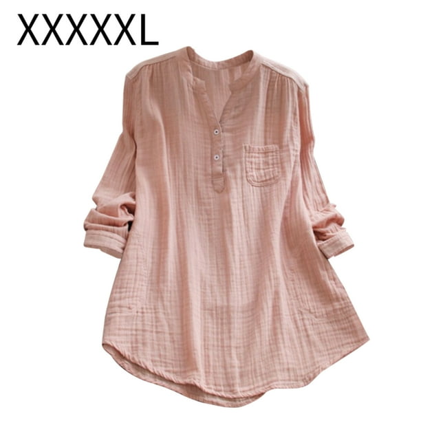 Sonducket Mujer Camisa Manga Larga Primavera Otoño Blusa Con Cuello En V Chica Suelta Top Prendas para la parte del cuerpo rosado 5XL