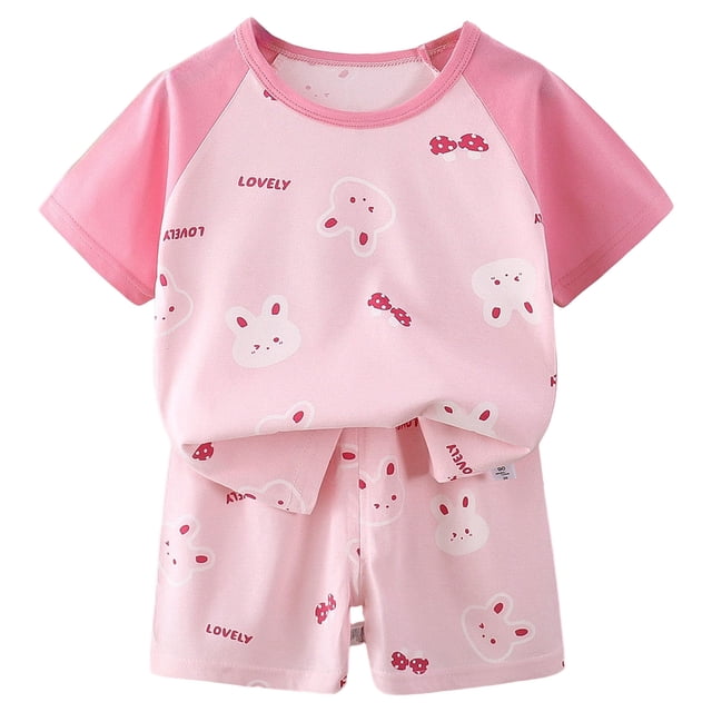 Nwiuh Ensemble Décontracté T-shirt à Col Rond à Manches Courtes et Short Tenue de Plage d'Été (Rose, 2-3 Ans)