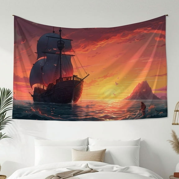 Modern Style Tapestry, Sunset Sailboat Print Tapestry, Bedroom Living Room Dormitory Decoration, Home Decoration