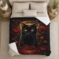 thumbnail image 5 of Black Cat Golden Moon Portrait with Crimson Peonies, Dark Leaves and Amber Eyes, Cozy Flannel Blanket, Home Decor for Cat Lovers, Bedroom and Living Room, Halloween Gift, Gothic Floral Art, 5 of 9