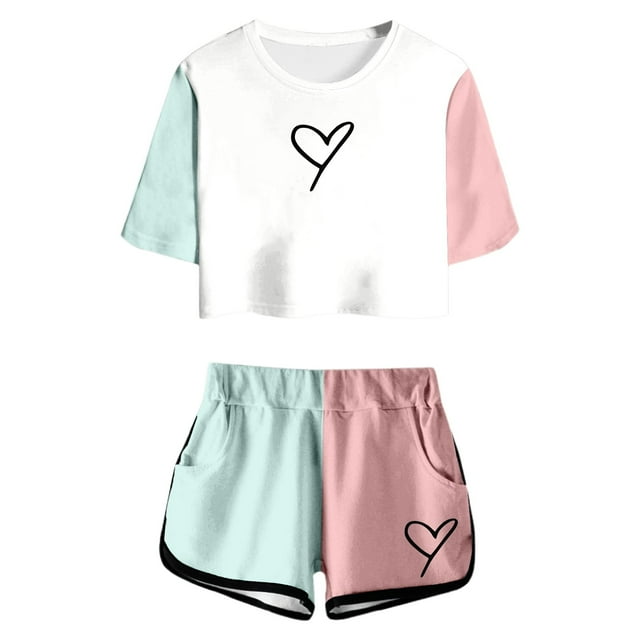 HNMKIU Ensemble Pantalon Filles Été Imprimé T-Shirt à Manches Courtes et Ensemble Short Mignon Col Rond Poche Tenue Décontractée pour Ados et Juniors Léger et Confortable