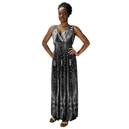 Print Surplice Dress - Peach Couture Womens Paisley Print Smocked Waist Surplice Bodice Tank Maxi Dress Boho Black Medium