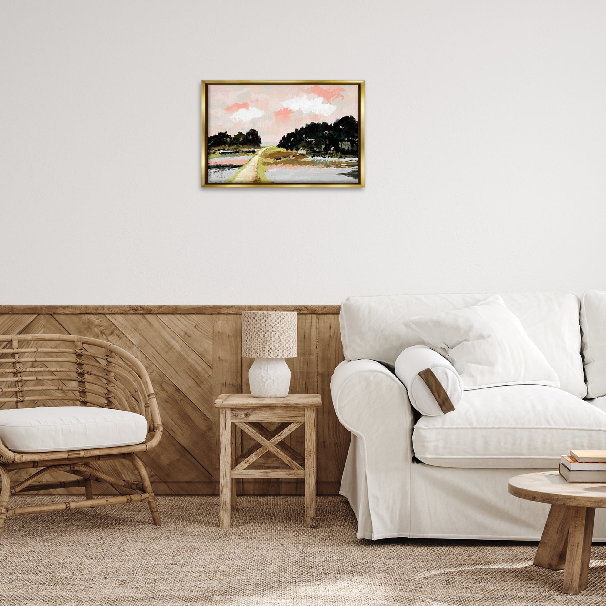 Stupell Industries Nature with Blush Sunrise Landscape & Nature Painting Gold Floater Framed Canvas Art Print Wall Art, 25 x 17
